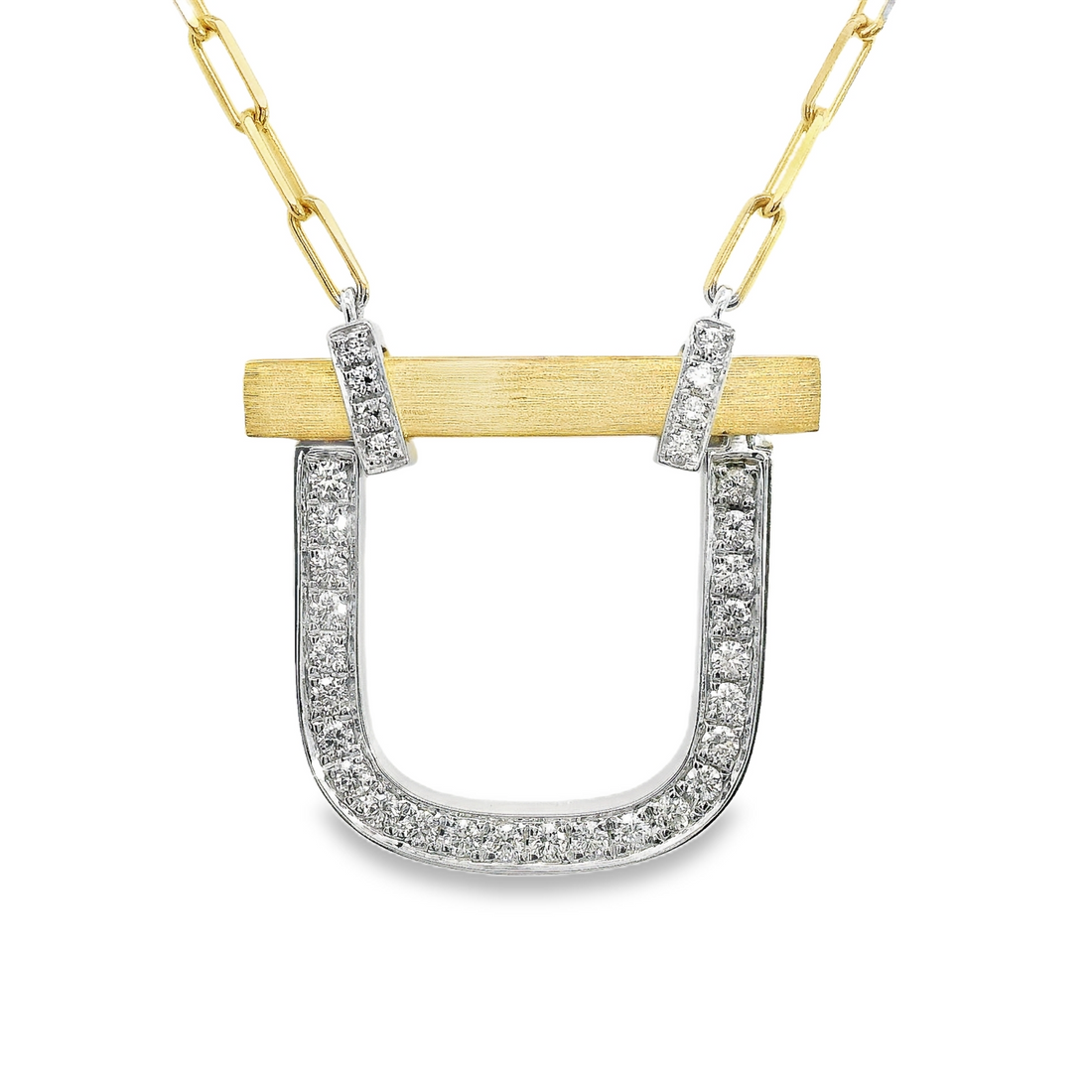 18kt Two-Tone Gold Natural Round Diamond Pendant (.34ct) With 18" Paperclip Chain