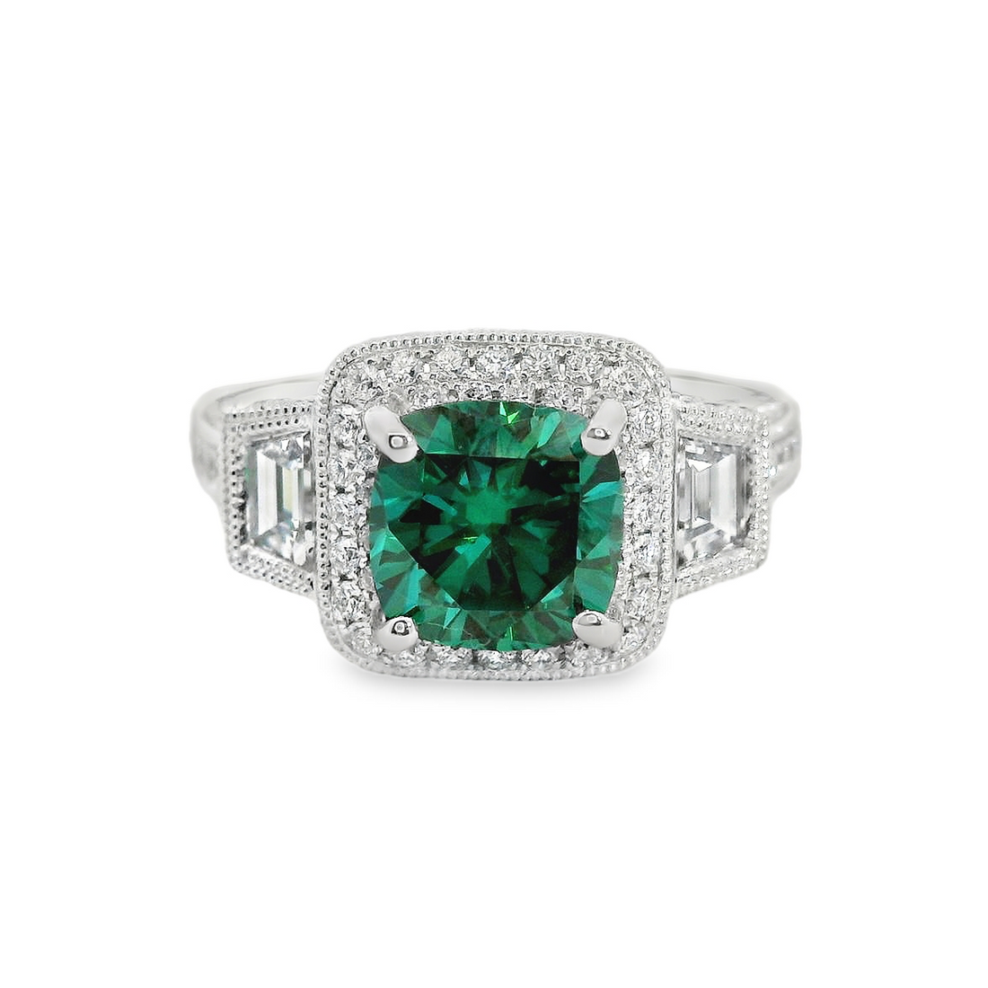 18kt White Gold Natural Cushion Moissanite and Natural Diamond Halo Ring (2.88ct)