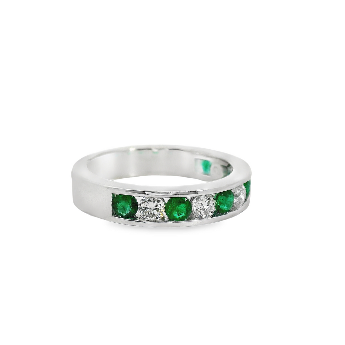 18kt White Gold Natural Round Emerald and Natural Round Diamond Channel Set Ring (1.00ct)