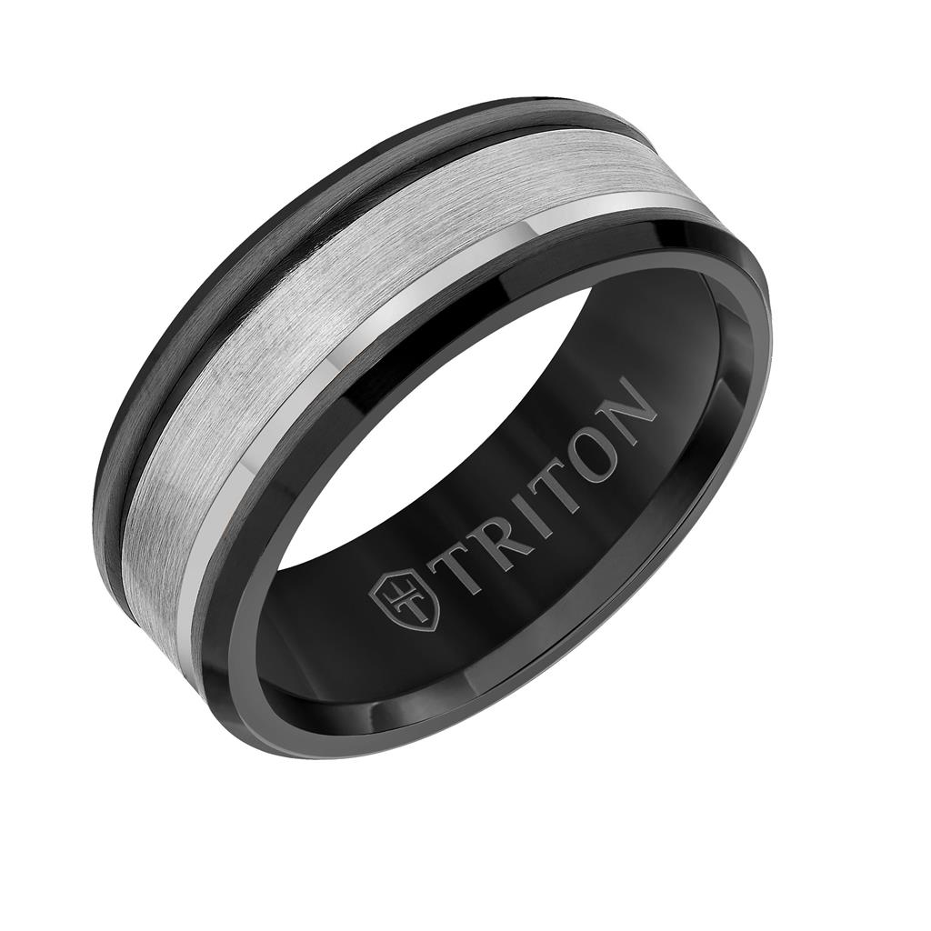 Triton 8mm Gun Metal and White Tungsten Satin Finish Bevel Edge Ring