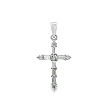 14kt White Gold Natural Baguette and Round Diamond Cross Pendant (.21ct)