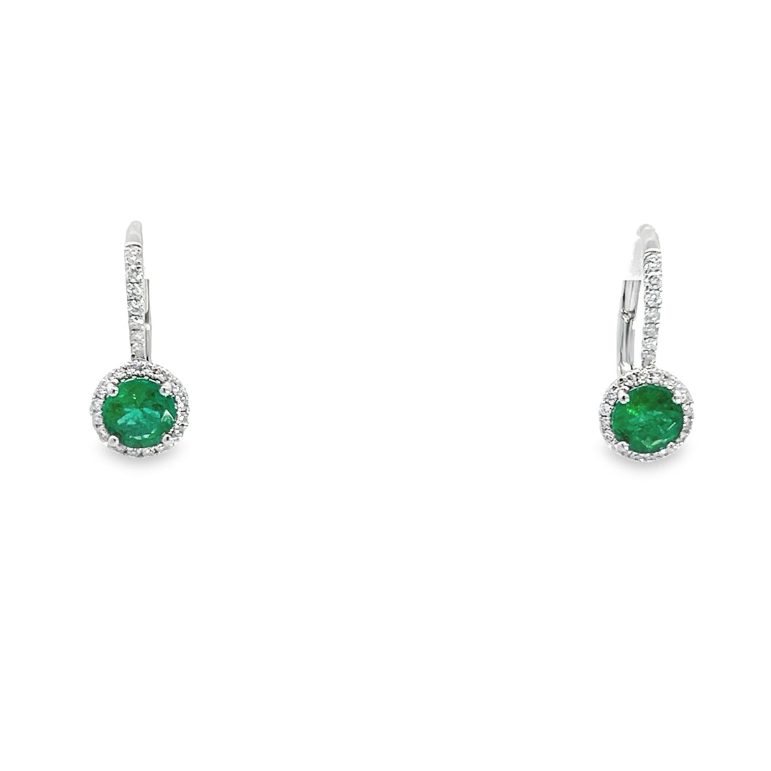 18K White Gold Natural Round Emerald (.91ct) and Natural Round Diamond Earrings (.25ct)