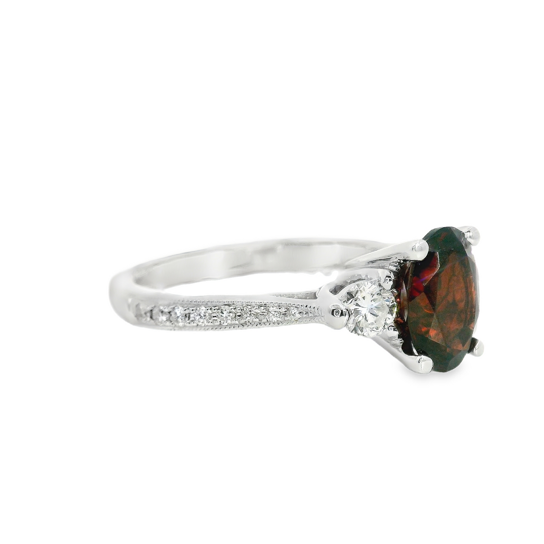 18kt White Gold 3-Stone Natural Oval Garnet and Round Diamonds Ring (1.67ct)