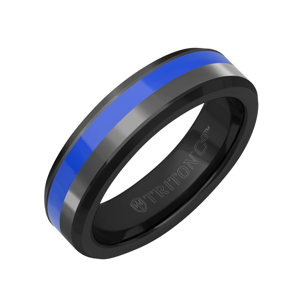 Triton Black Tungsten and Blue Ceramic 6mm Ring