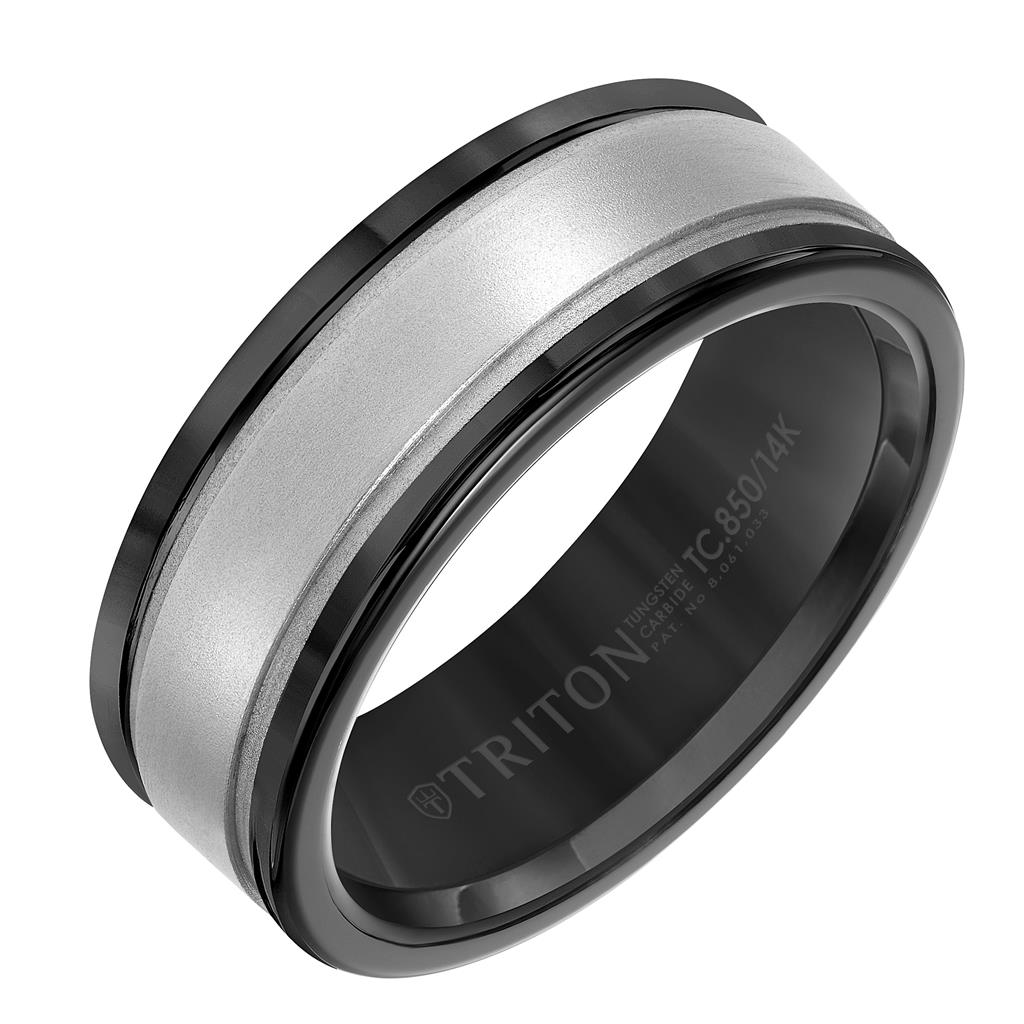 Triton Black Tungsten Carbide and 14K White Gold 8mm Ring