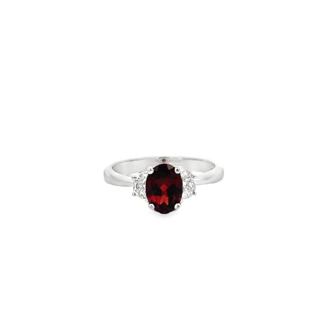 18kt White Gold Oval Natural Garnet and Half Moon Natural Diamonds Ring (1.76ct)