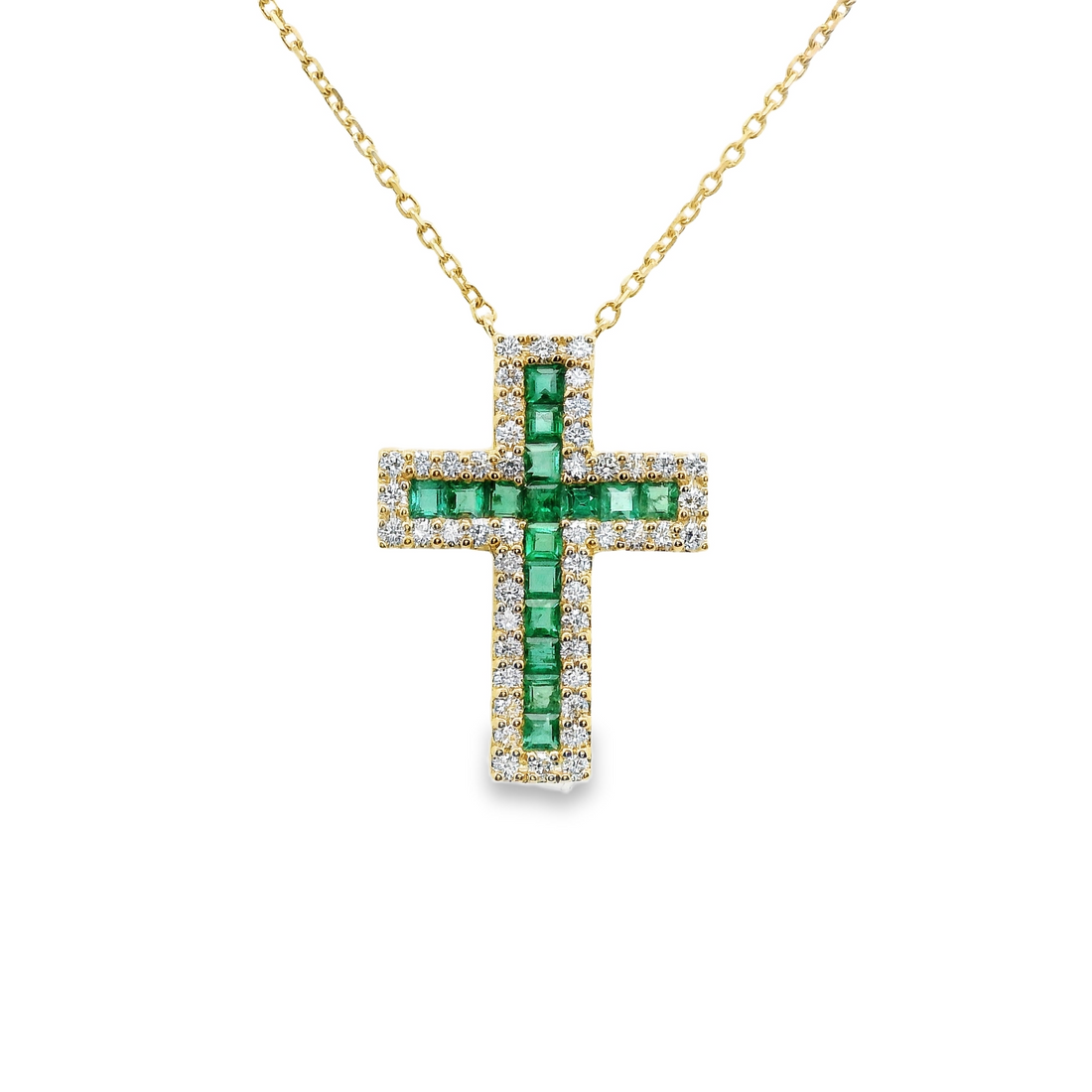 18kt Yellow Gold Natural Emeralds and Diamonds Cross Pendant (0.61ct)