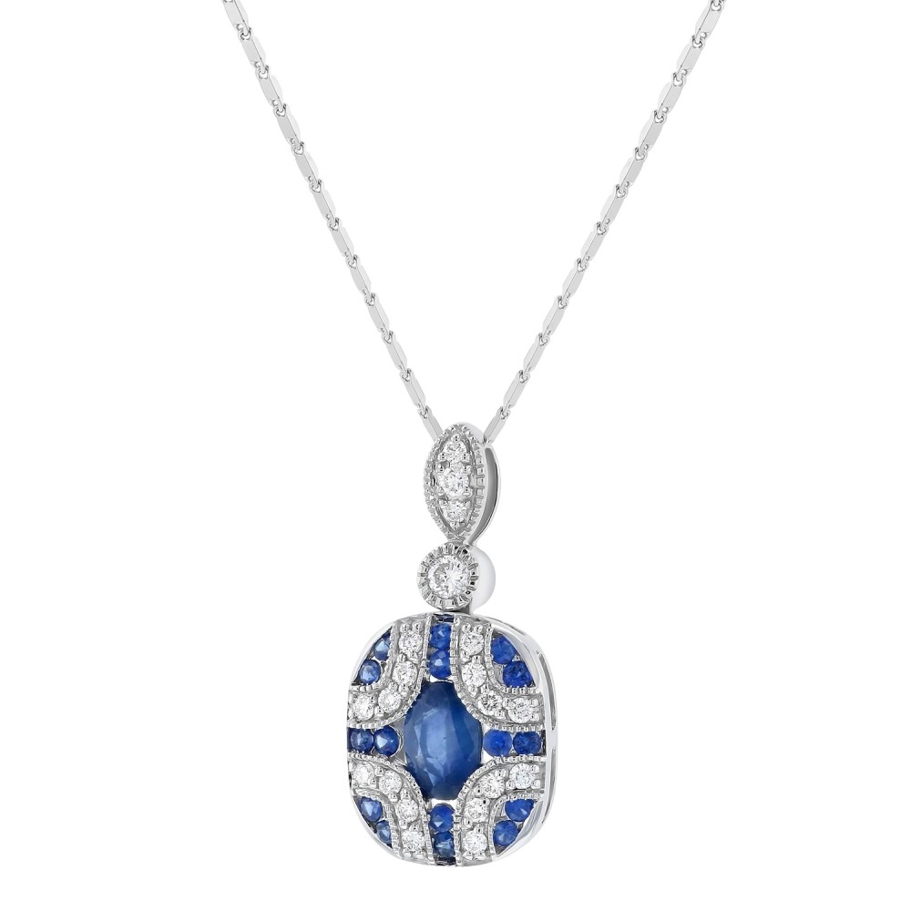 Oro Alexander 14kt White Gold Natural Round Sapphire and Diamond Art Deco Pendant (1.02ct)