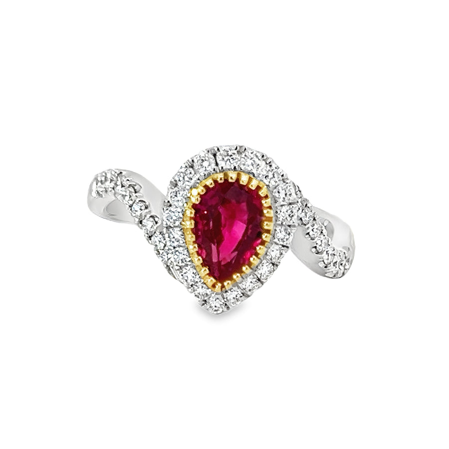 Simon G 18K White Gold Pear Shaped Ruby and Diamond Ring (1.05ct)