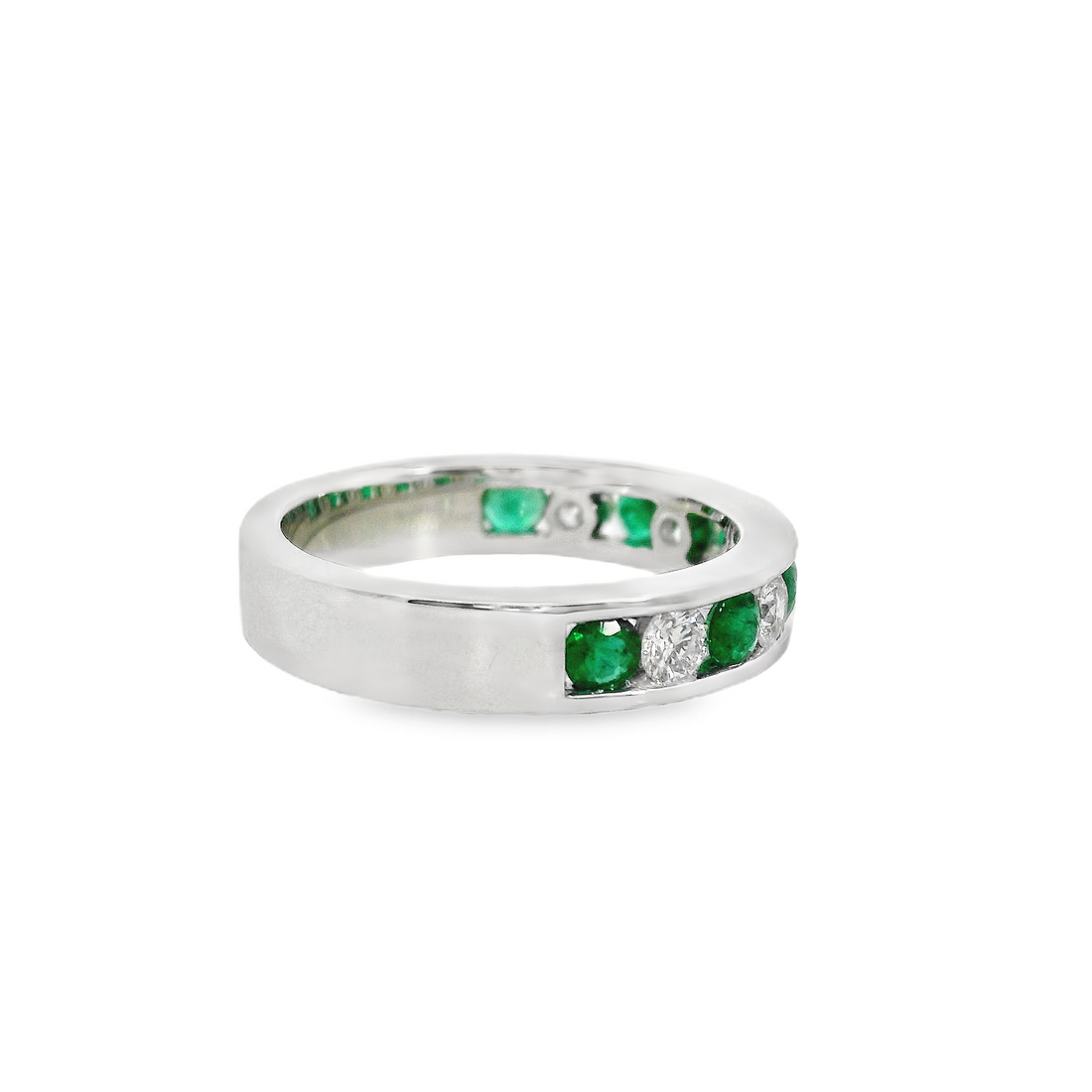 18kt White Gold Natural Round Emerald and Natural Round Diamond Channel Set Ring (1.00ct)
