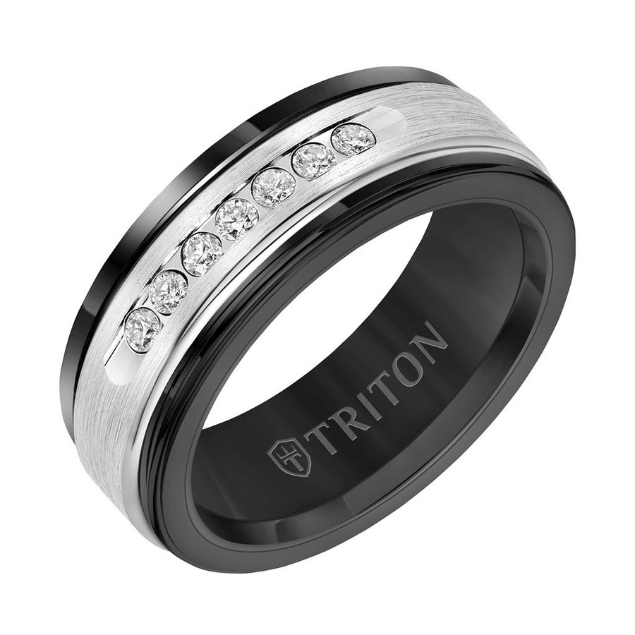 Triton Black Tungsten Carbide, Silver, and 14kt White Gold and Diamond 8mm Ring (.24ct)