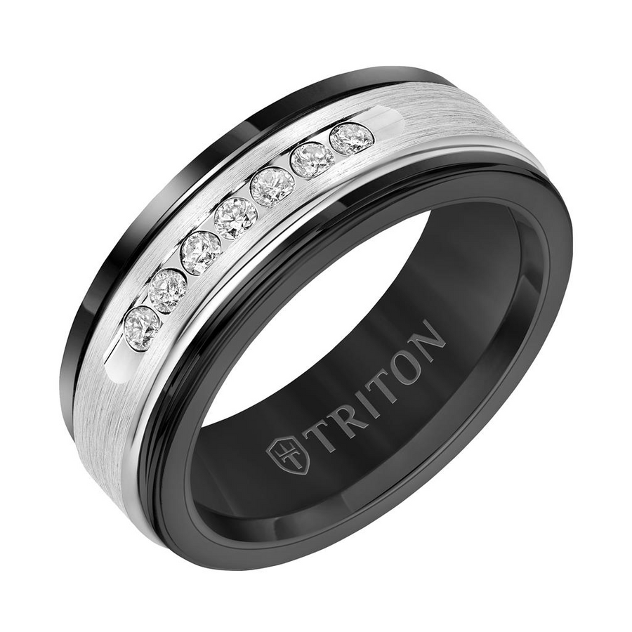 Triton Black Tungsten Carbide, Silver, and 14K White Gold 8mm Diamond Ring (.24ct)