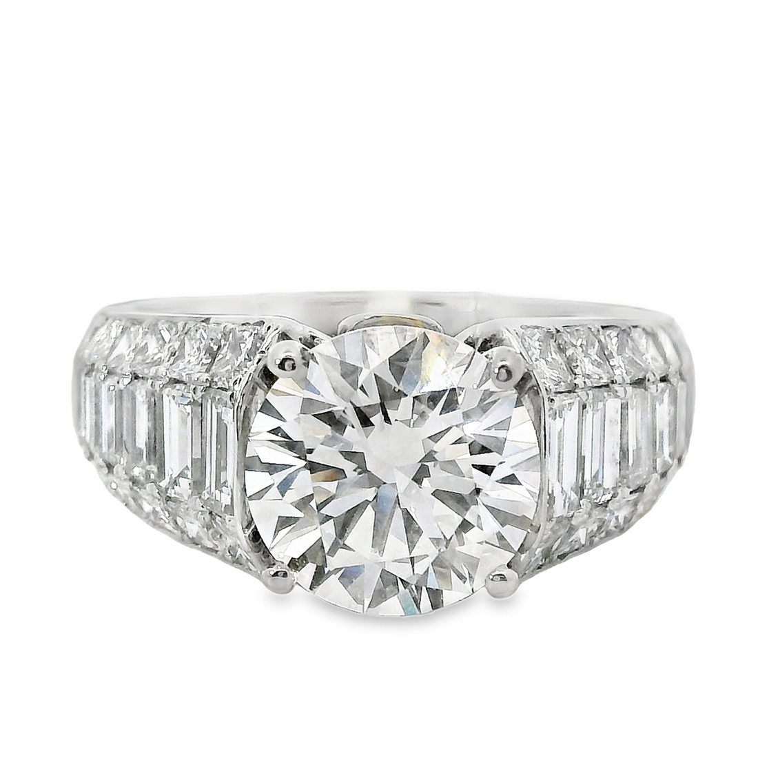 18kt White Gold Lab-Grown Round Brilliant Diamond (2.39ct) and Natural Channel Set Baguette and Princess Cut Diamonds (2.10ct) Engagement Ring