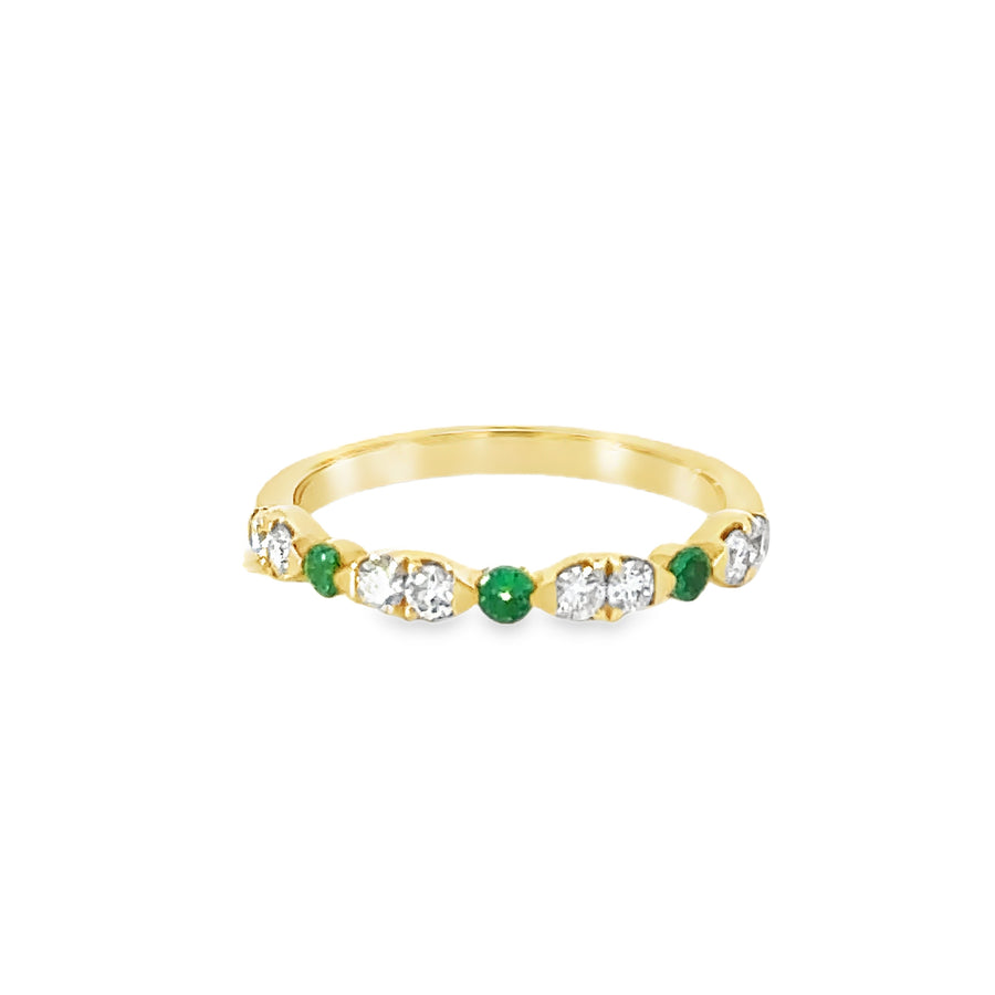 18kt Yellow Gold Round Natural Diamonds and Round Natural Emeralds Ring (0.42ct)