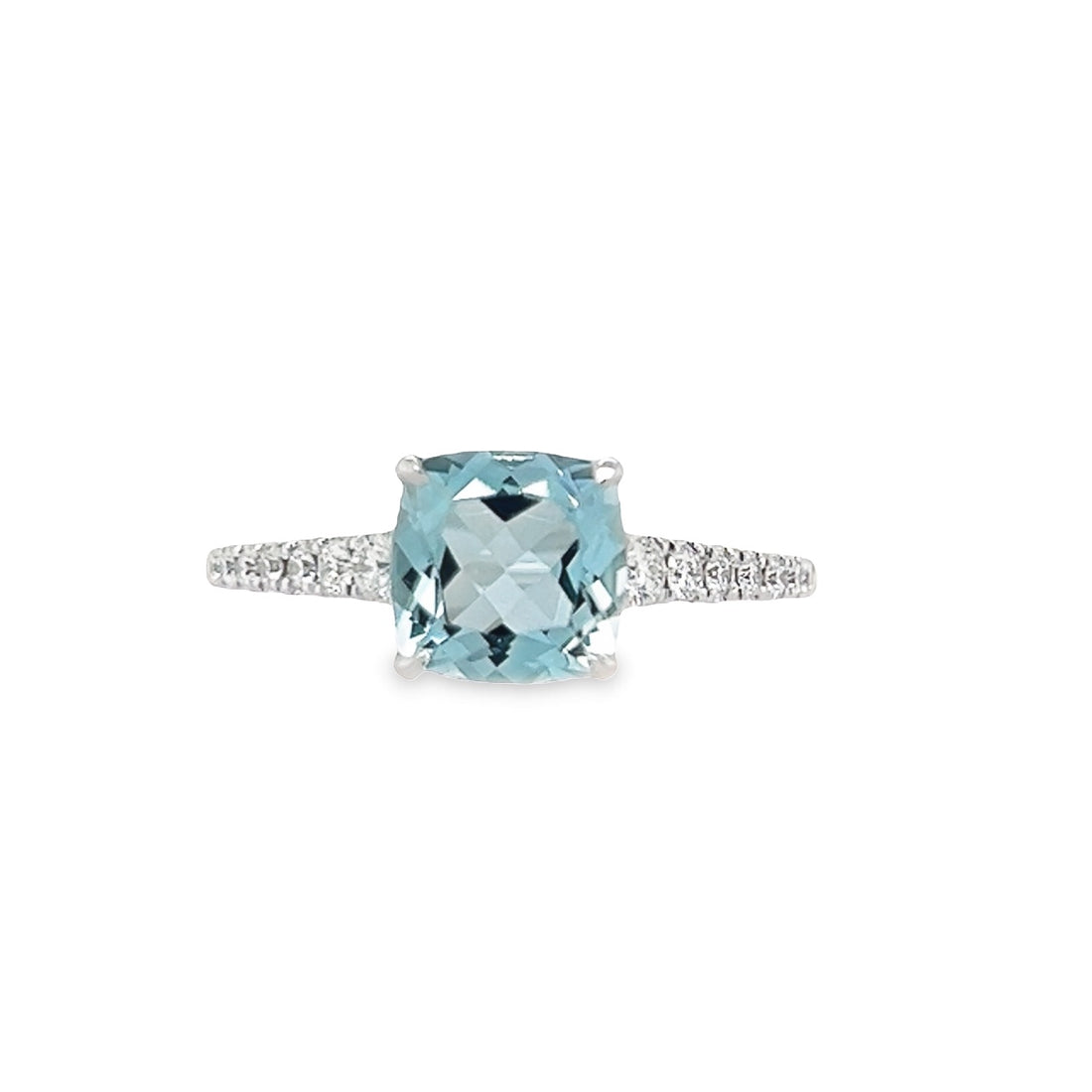 18kt White Gold Cushion Natural Aqua and Round Natural Diamonds Ring (1.8ct)