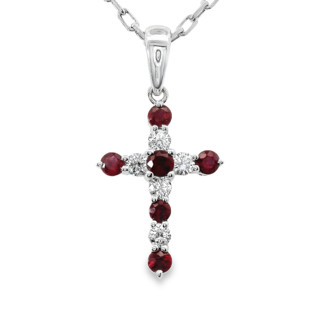 18kt White Gold Natural Round Ruby and Natural Round Diamond Cross Pendant (.26ct)