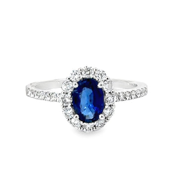 18kt White Gold Oval Natural Sapphire and Round Natural Diamond Halo Ring (1.47ct)