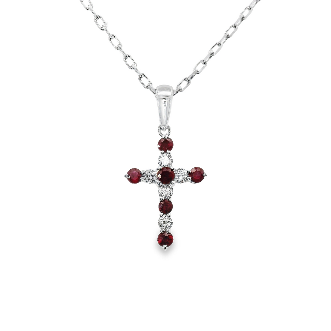 18kt White Gold Natural Round Ruby and Natural Round Diamond Cross Pendant (.26ct)