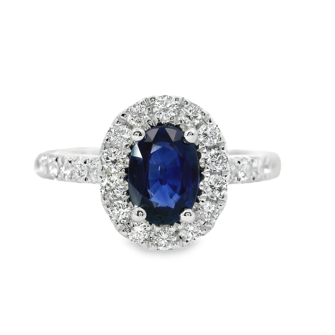 18kt White Gold Natural Oval Sapphire and Natural Round Diamond Halo Ring (1.29ct)