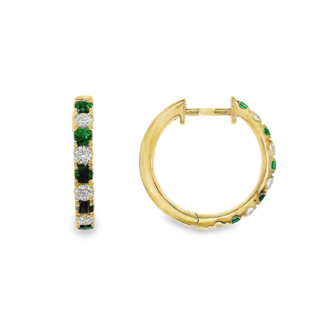 18kt Yellow Gold Natural Round Emerald and Natural Round Diamond Hoop Earrings (.58ct)