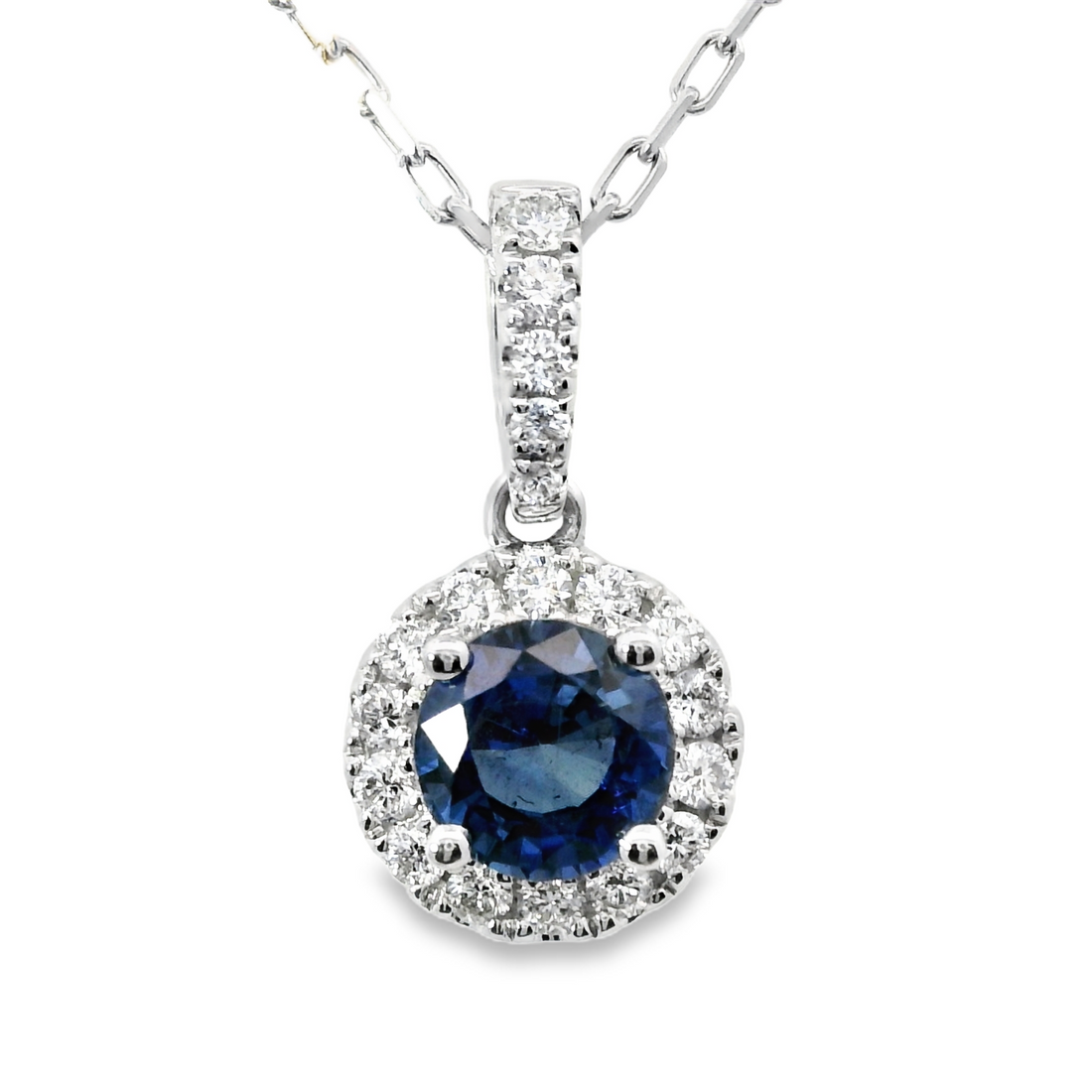 18kt White Gold Natural Round Sapphire and Natural Round Diamond Pendant (1.17ct)