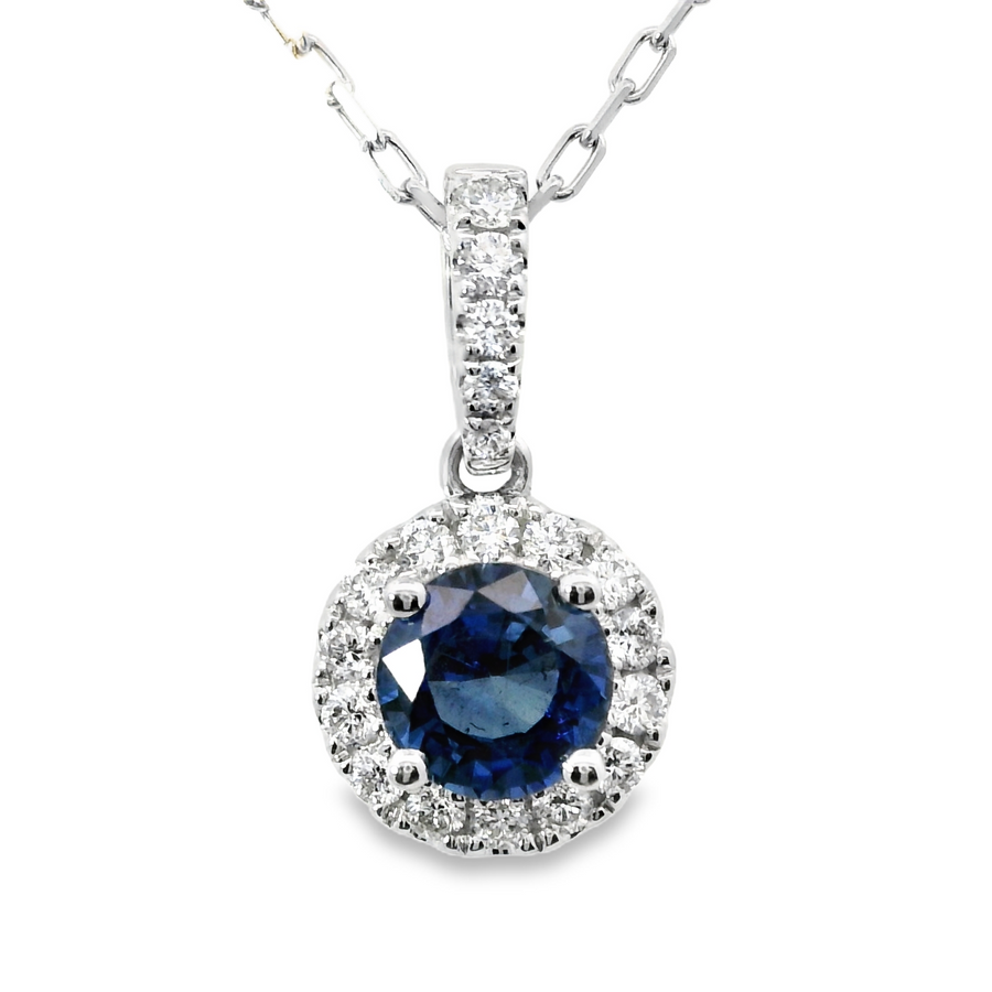 18kt White Gold Natural Round Sapphire and Natural Round Diamond Pendant (1.17ct)