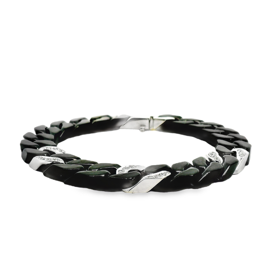 18kt White Gold (10.52g) and Black Ceramic (26.28g) 7.5" Natural Round Diamond Curb Bracelet (.53ct)