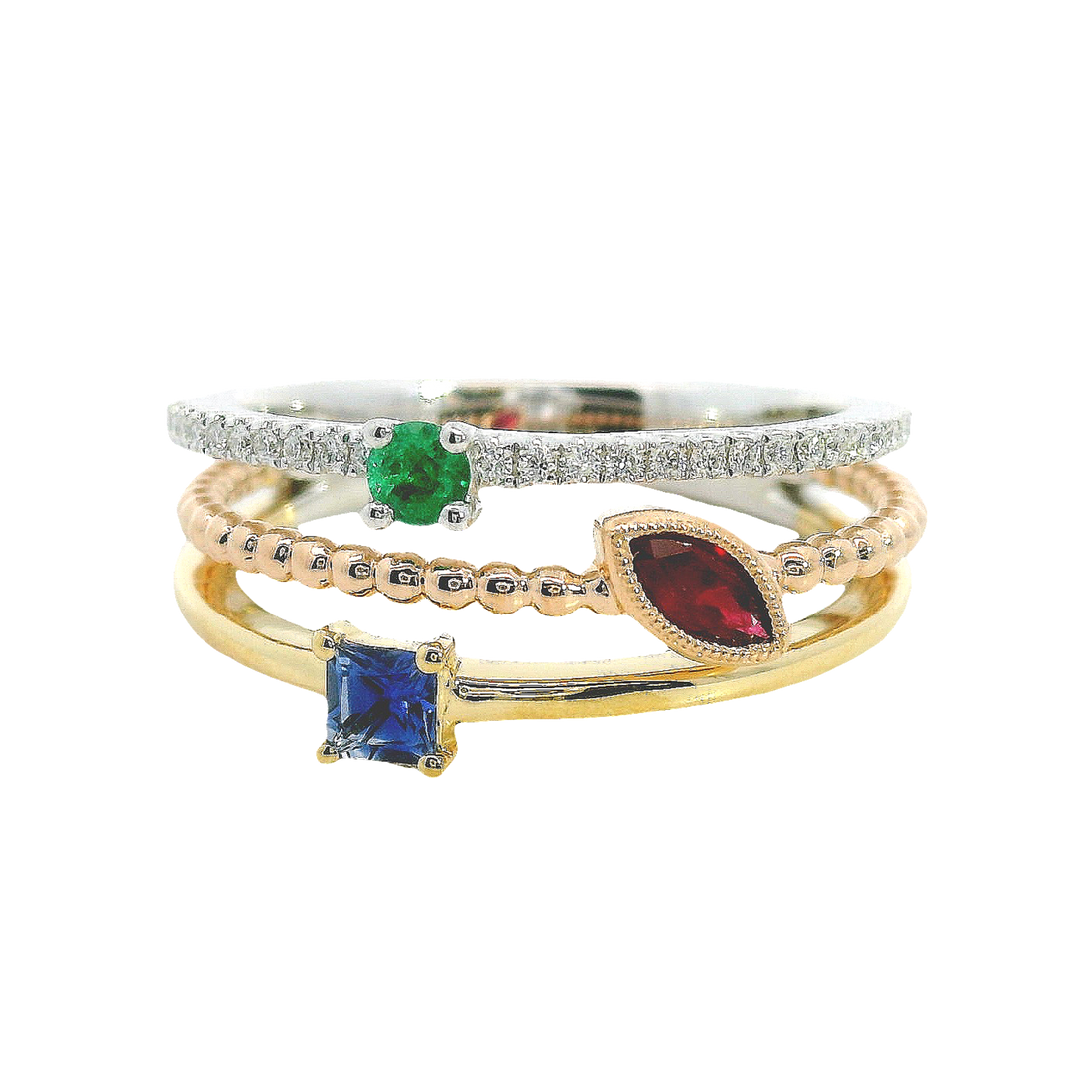18kt Tri-Color Natural Diamond, Princess Sapphire, Marquise Ruby, and Round Emerald Fashion Ring (.51ct)