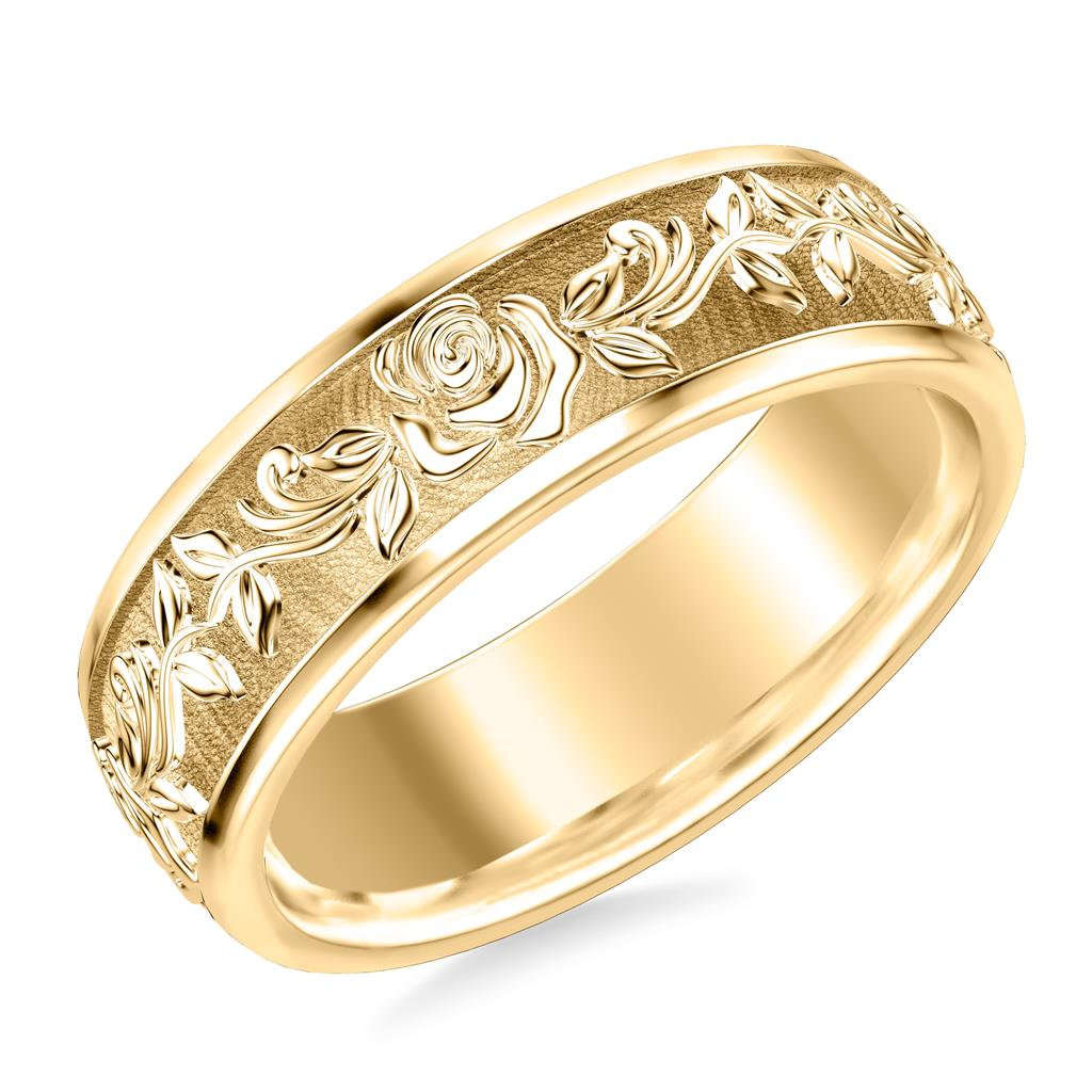 Artcarved 14kt Yellow Gold 7mm Matte Finish Floral Patterned Wedding Band