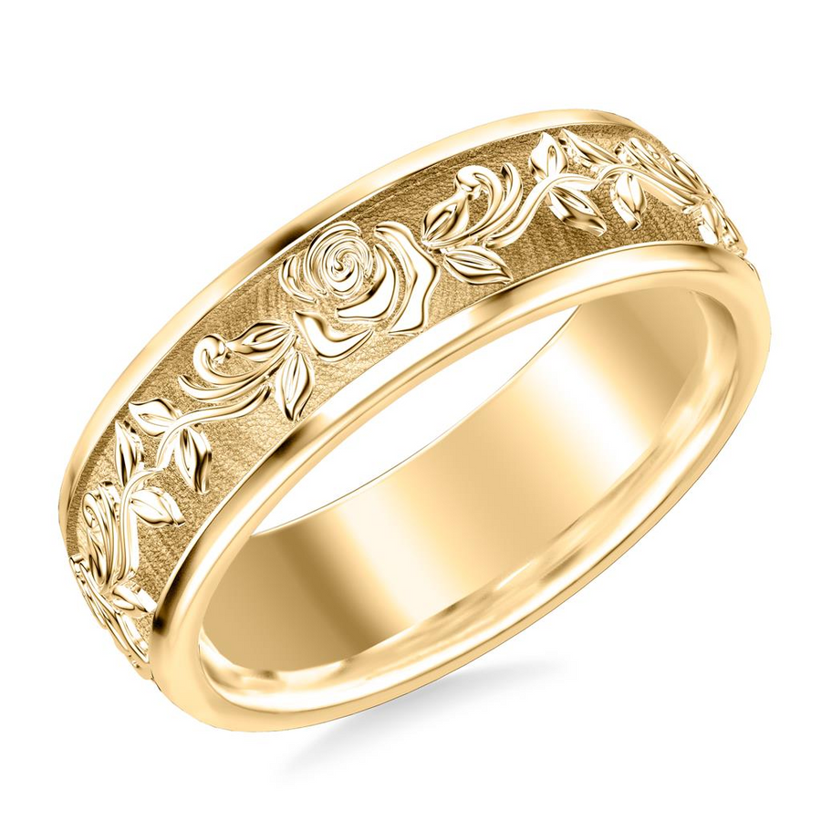 Artcarved 14kt Yellow Gold 7mm Matte Finish Floral Patterned Wedding Band