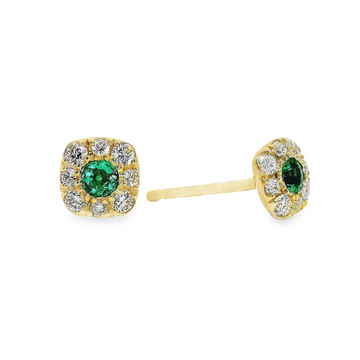 18kt Yellow Gold Natural Round Emerald and Natural Round Diamond Stud Earrings (.26ct)