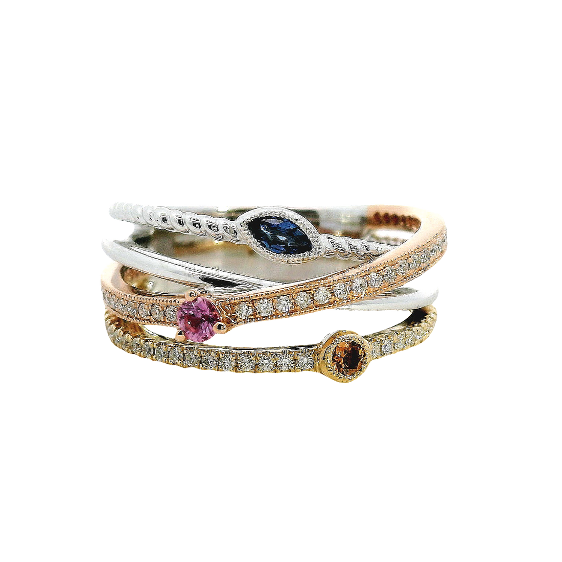 18kt Tri-Color Natural Blue Sapphire, Orange Sapphire, Pink Sapphire, and Diamond Fashion Ring (.52ct)