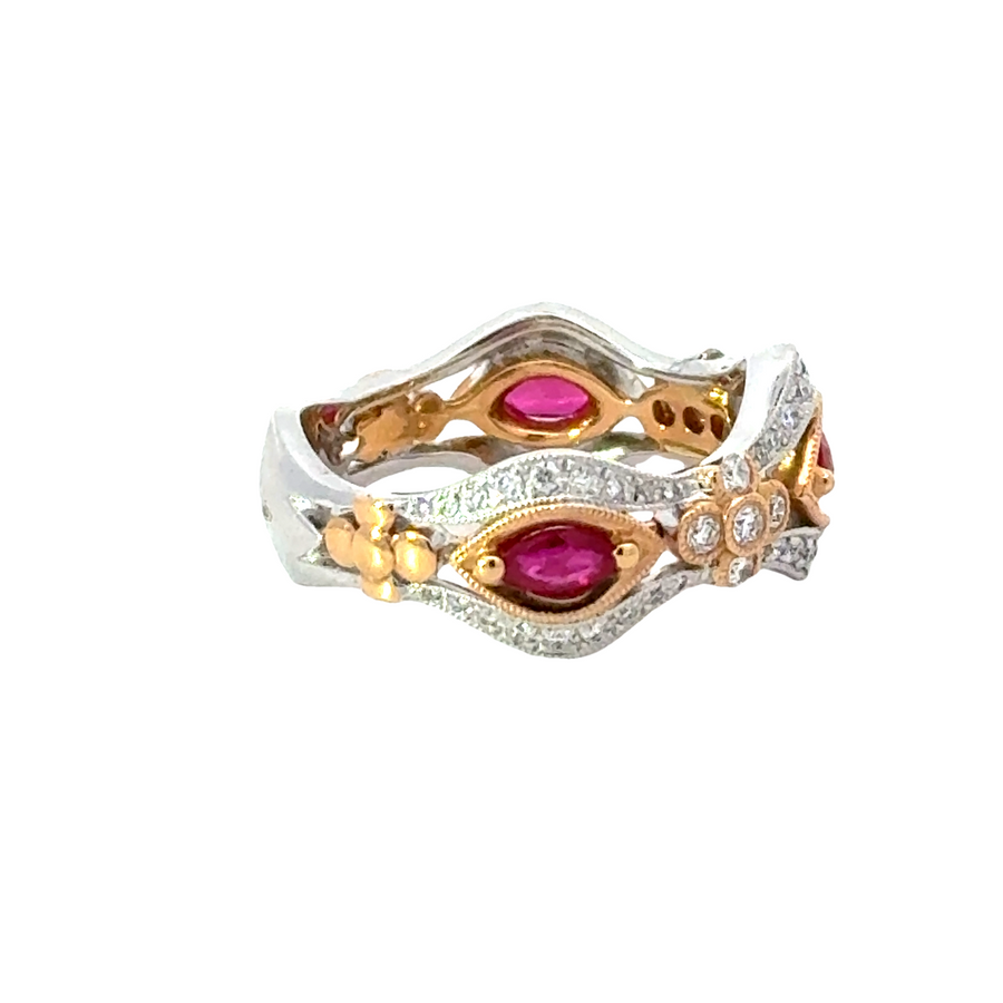 18kt Tu-Tone Gold Round Natural Diamonds and Round Natural Rubies Ring (0.95ct)