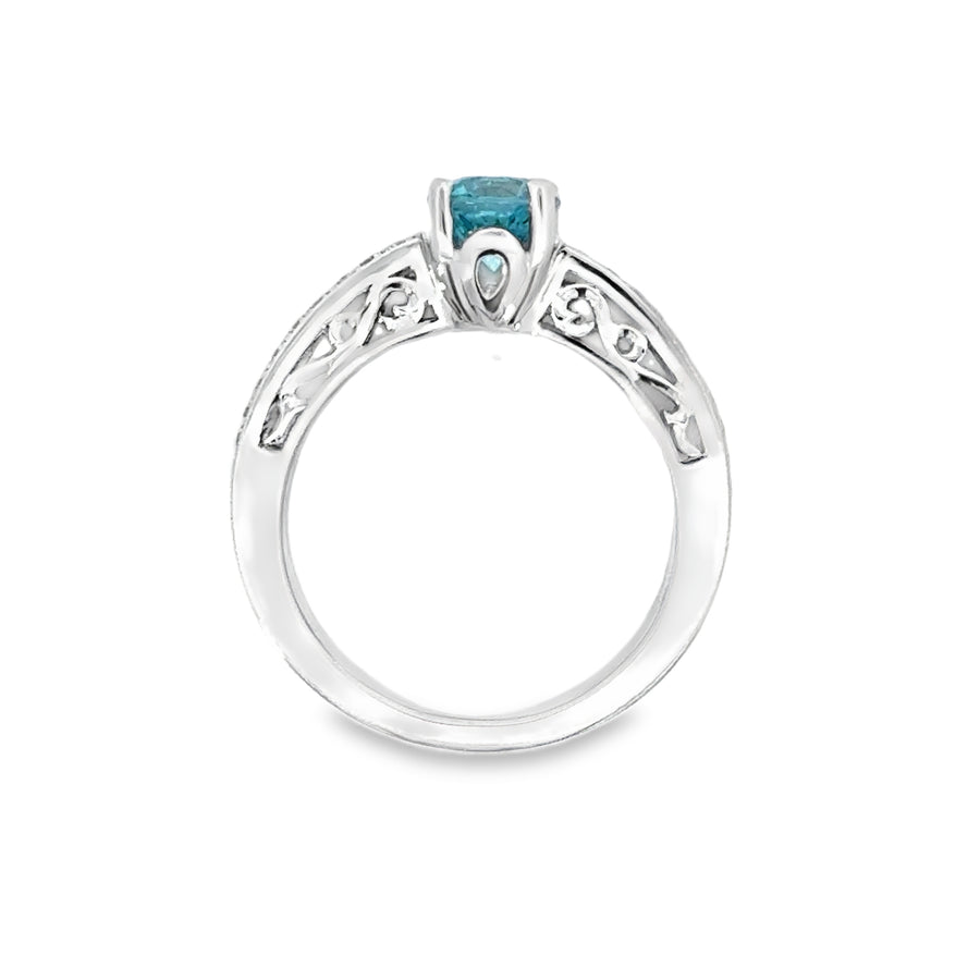 18kt White Gold Round Natural Zircon and Round Natural Diamonds Ring (1.66ct)