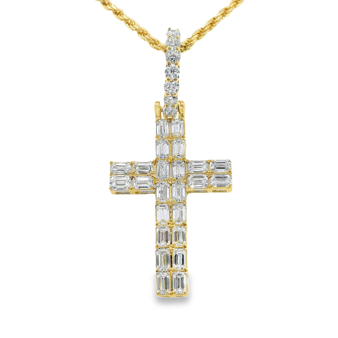 14kt Yellow Gold Lab-Grown Emerald Diamond Cross Pendant w/18" Diamond Cut Rope Chain (1.17ct)