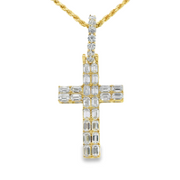 14kt Yellow Gold Lab-Grown Emerald Diamond Cross Pendant w/18" Diamond Cut Rope Chain (1.17ct)