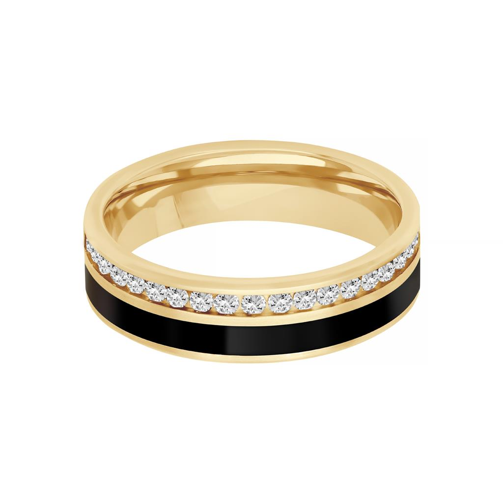 Goldman 14kt Yellow Gold and Ceram8 Black Inlay Natural Full-Cut Diamond Ring