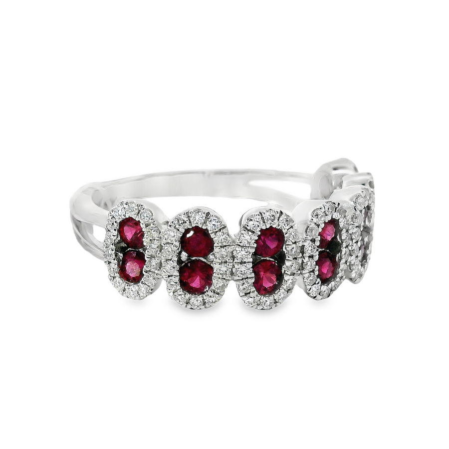 18kt White Gold Round Natural Rubies and Round Natural Diamonds Ring (1.16ct)