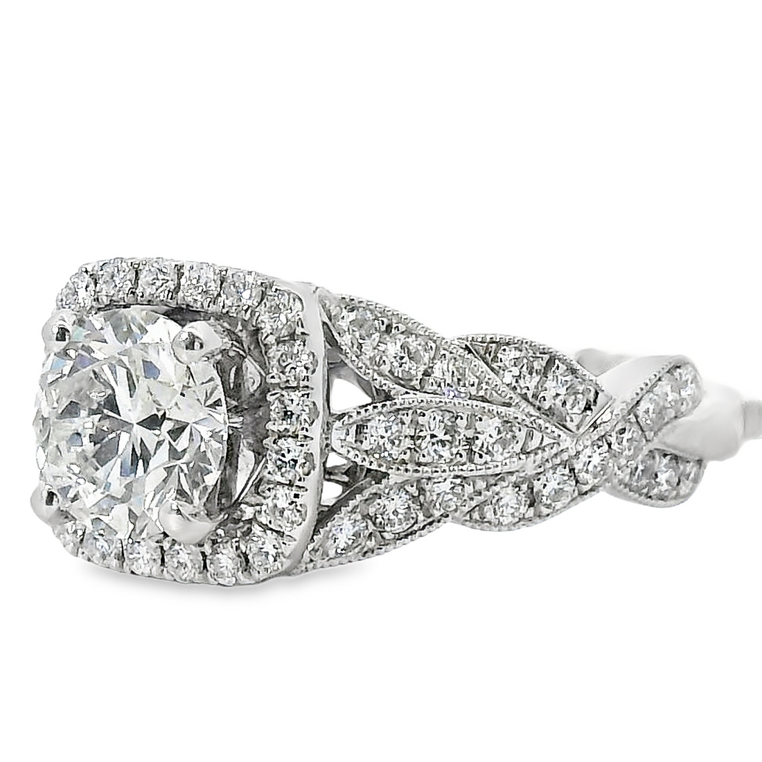 18kt White Gold Natural Round Brilliant Diamond Halo Engagement Ring (1.58ct)