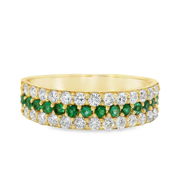 18kt Yellow Gold Natural Round Diamonds and Emeralds Contemporary Ring (.66ct)