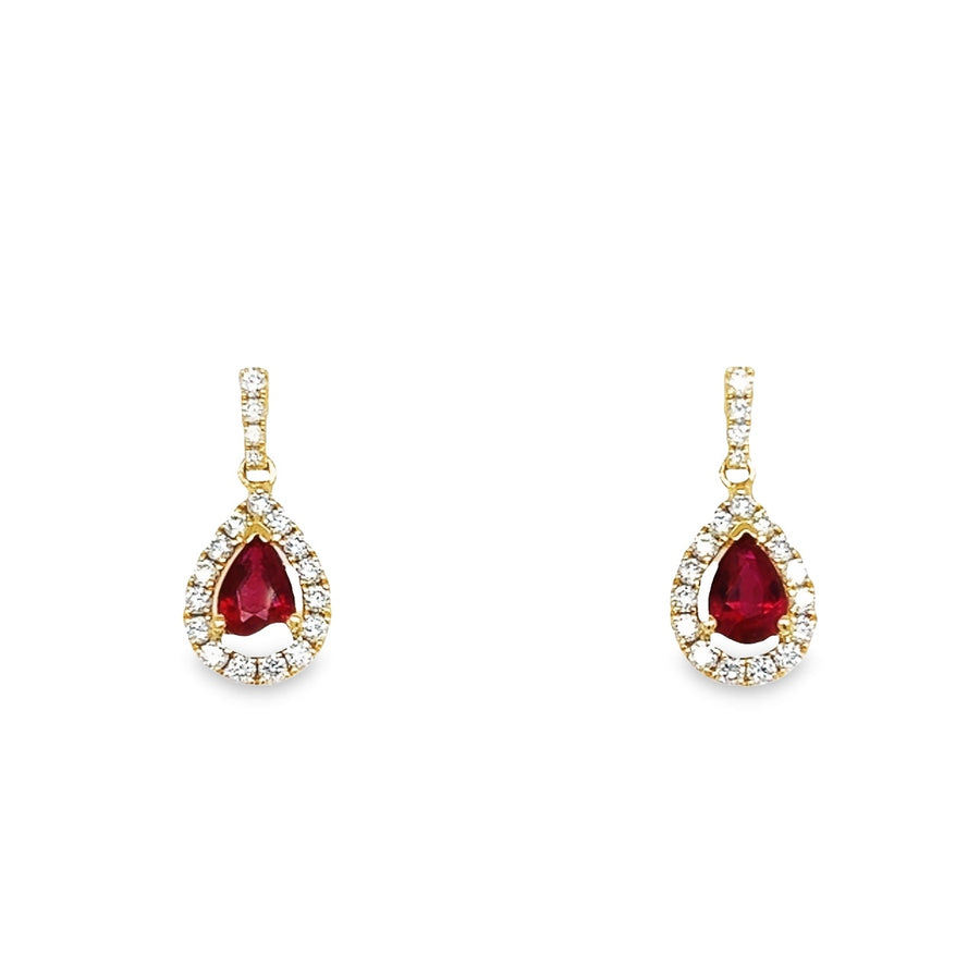 18K Yellow Gold Drop Ruby (1.07ct) and Diamond Earrings (.41ct)