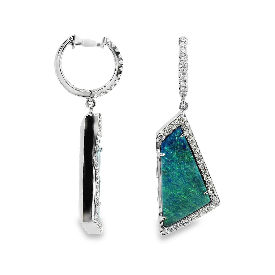 Simon G 18kt White Gold Natural Black Opals and Diamonds Dangle Earrings (9.90ct)