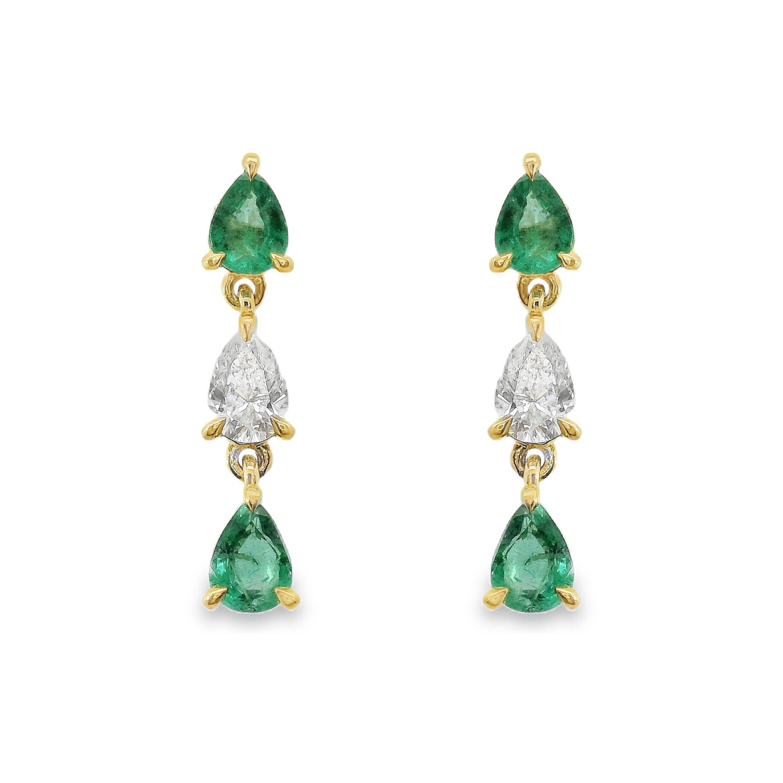 18kt Yellow Gold Natural Pear Diamonds and Natural Emeralds Drop Earrings (.86ct)