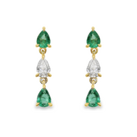 18kt Yellow Gold Natural Pear Diamonds and Natural Emeralds Drop Earrings (.86ct)