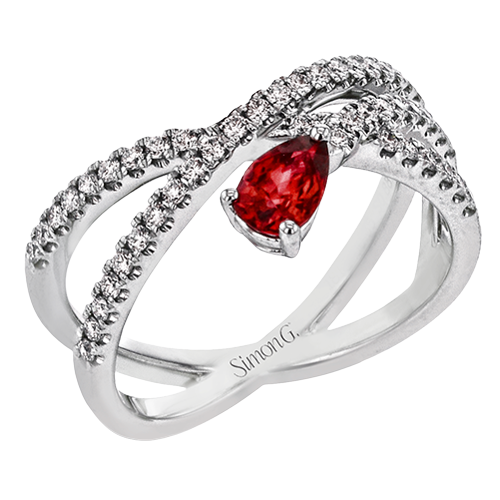 Simon G 18K White Gold Diamond and Pear Shaped Ruby Ring (.66ct)