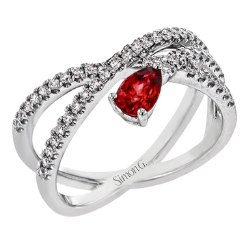 Simon G 18K White Gold Diamond and Pear Shaped Ruby Ring (.66ct)