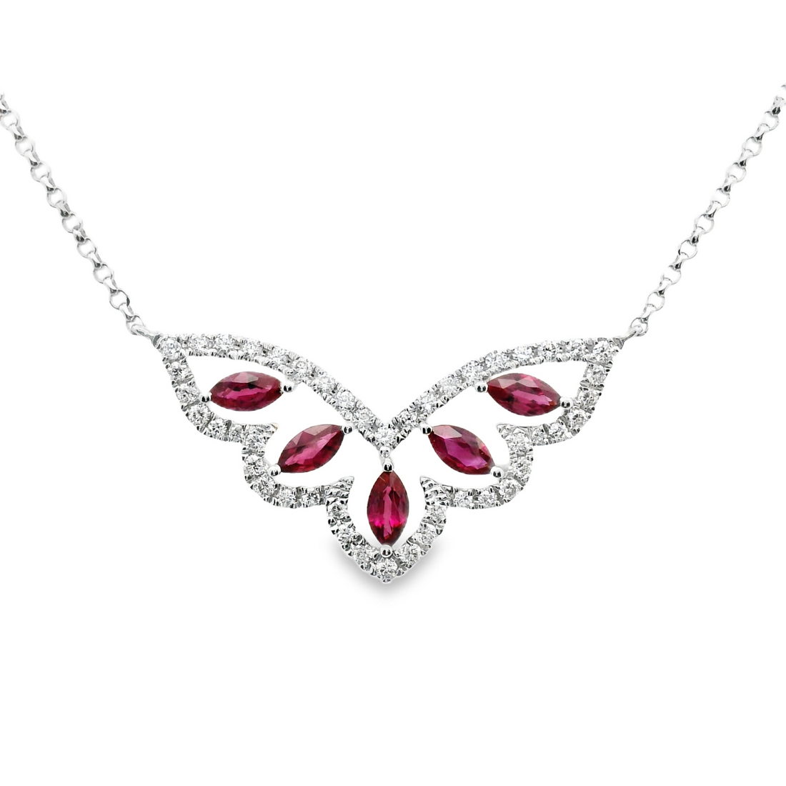 18kt White Gold Natural Marquis Rubies And Natural Diamonds Pendant (0.65ct)