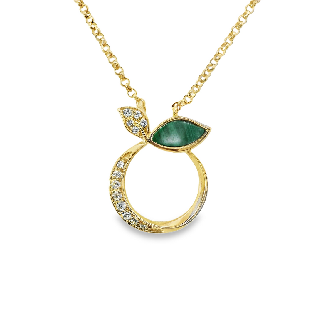 18kt Yellow Gold Natural Diamonds and Natural Malachite Apple Pendant (0.26ct)