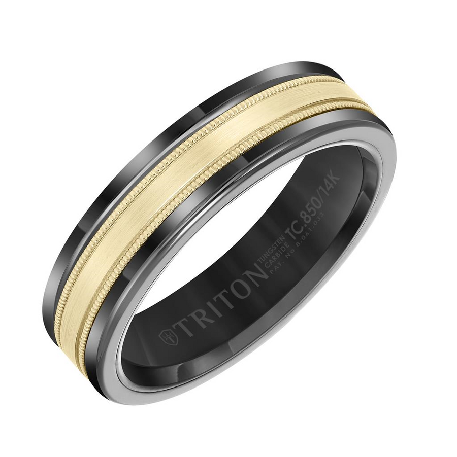Triton Black Tungsten Carbide and 14kt Yellow Gold 6mm Wedding Band