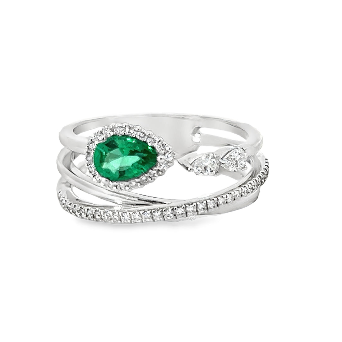 18kt White Gold Pear Natural Emerald and Round Natural Diamonds Ring (0.58ct)